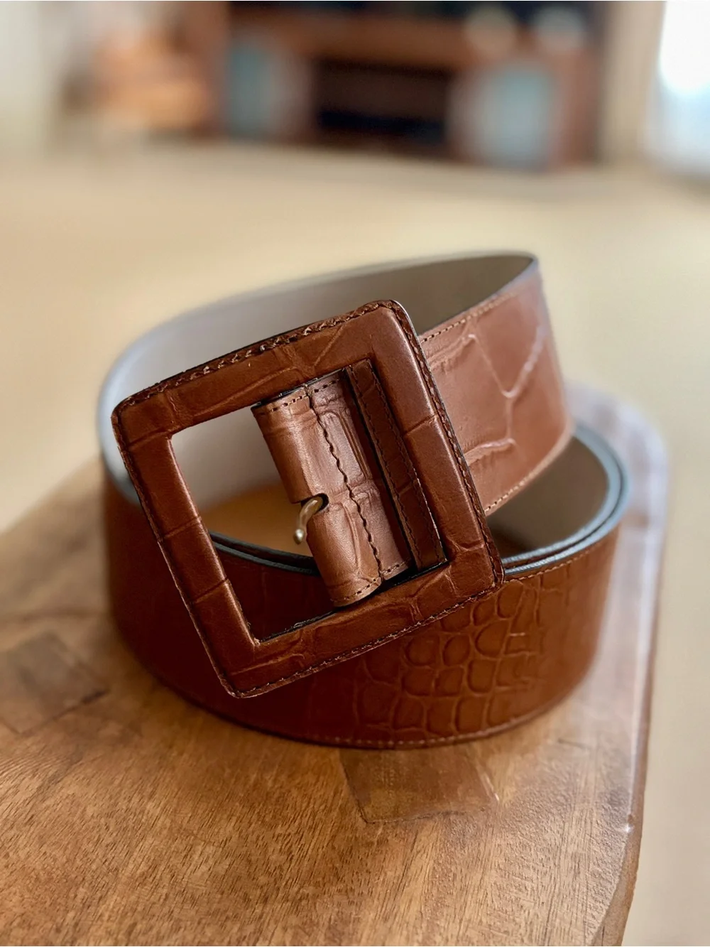 Chico's Croc-Embossed Wide Full Grain Brown Leather Belt with Square Buckle - XL